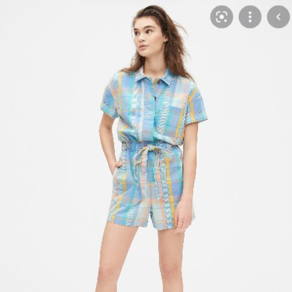 Plaid GAP Button Front Elastic Tie-Waist Romper Shorts Jumpsuit (NWT)